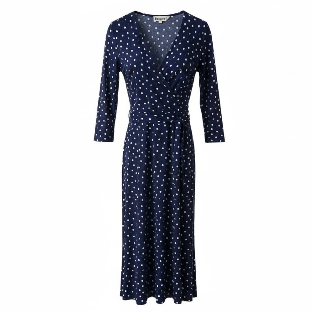 Leota Reye Jersey Knit Faux Wrap Dress Sz XS Navy Blue Polka Dot Belted Surplice